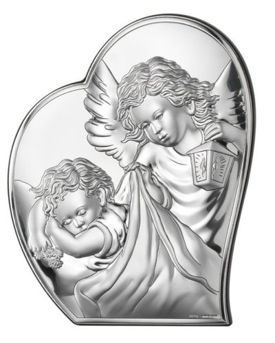 Obrazek srebrzony (9 x 10,7cm) Aniołek w sercu z modlitwą “Aniele Boży”z tyłu