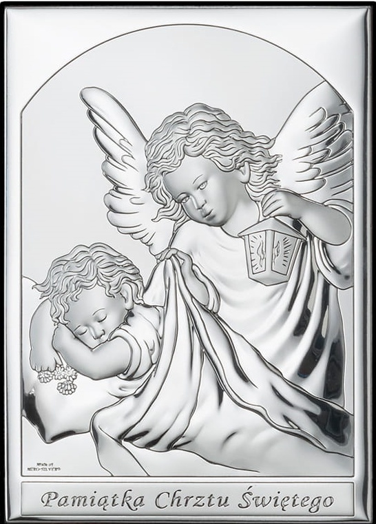 Obrazek srebrzony (7 x 9cm) Aniołek z latarenką nad dzieckiem  napis ” Pamiątka Chrztu Św.”