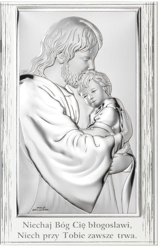 Obrazek srebrzony (9 x 13,5cm) Jezus tulący dziecko biały panel modlitwa
