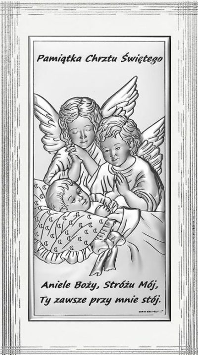 Obrazek srebrny (8,5 x 15cm) Anioły nad dzieckiem