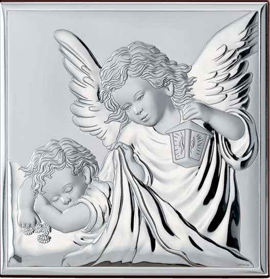 Obrazek srebrny- Aniołek  8 x 8 cm z latarenką