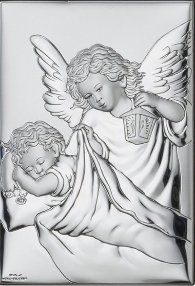 Obrazek srebrzony  Aniołek z latarenką 6×9 cm z modlitwą z tyłu