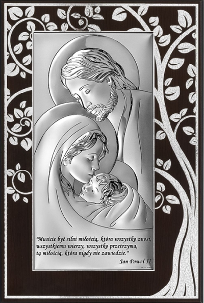 Obrazek srebrzony św. Rodzina  ciemny brąz cytat JPII ( 15 x 23 cm)