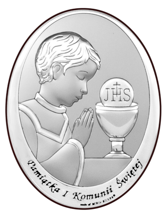 Obrazek srebrzony (10 x 13 cm) I Komunia Św. napis  owalny  chłopiec