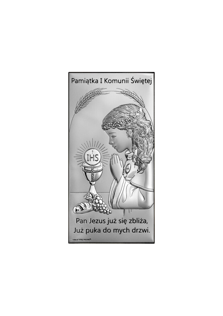 Obrazek srebrzony (5 x 10 cm) I Komunia Św. z napisem  dziewczynka
