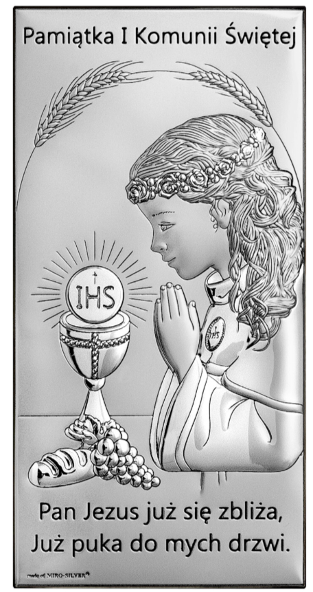 Obrazek srebrzony (5 x 10 cm) I Komunia Św. z napisem  dziewczynka