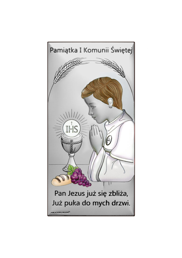 Obrazek srebrzony (5 x10 cm, kolor) I Komunia Św. chlopiec napis