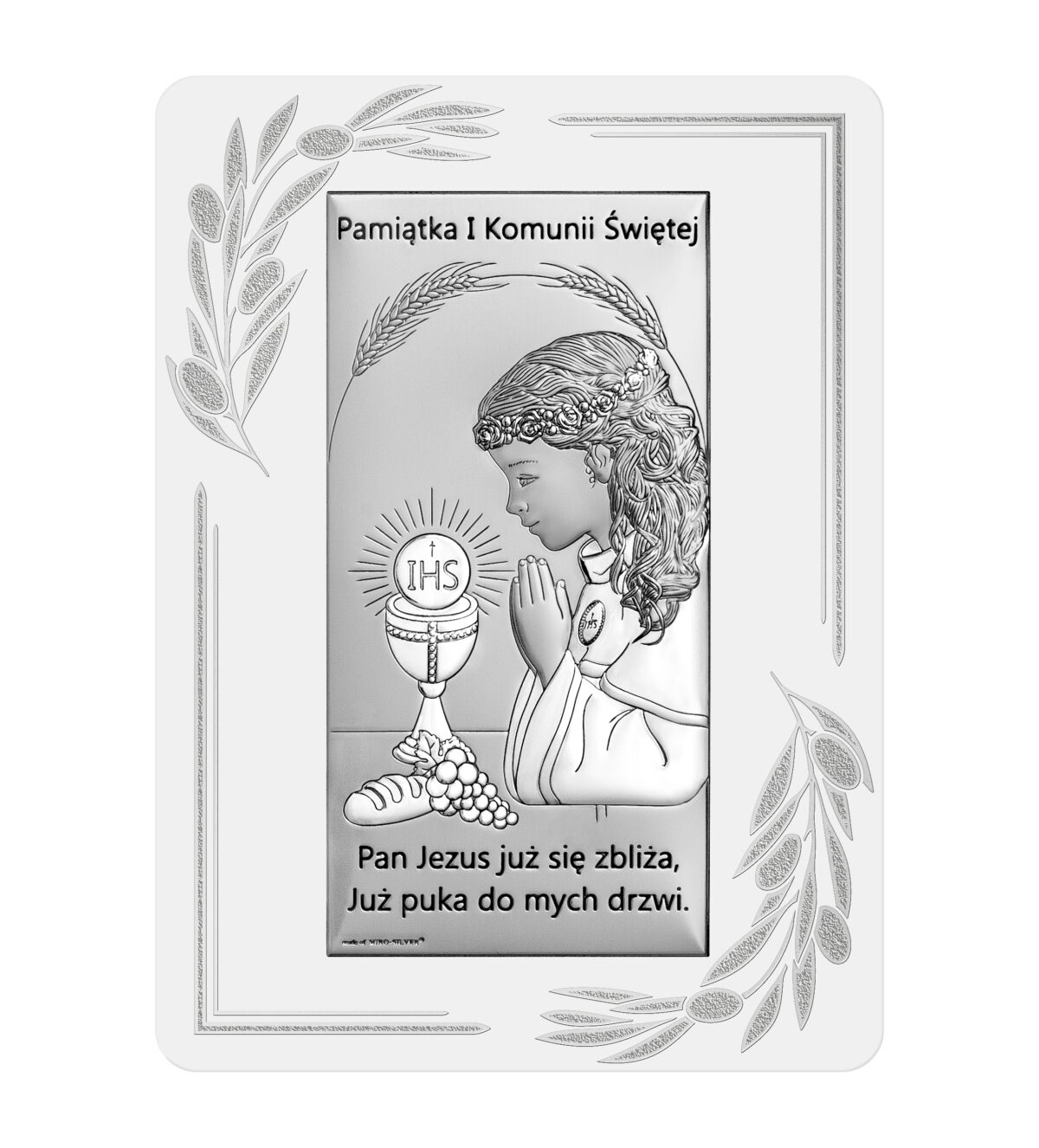 Obrazek srebrzony ( 7 x 14 cm)I Komunia Św. z napisem   dziewczynka