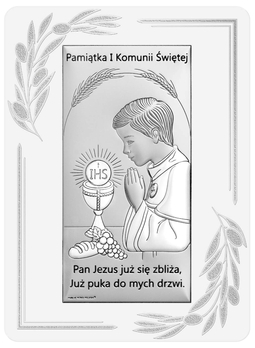 Obrazek srebrzony ( 13 x 18 cm) I Komunia Św. biały panel  srebrzony ornament i napis chłopiec