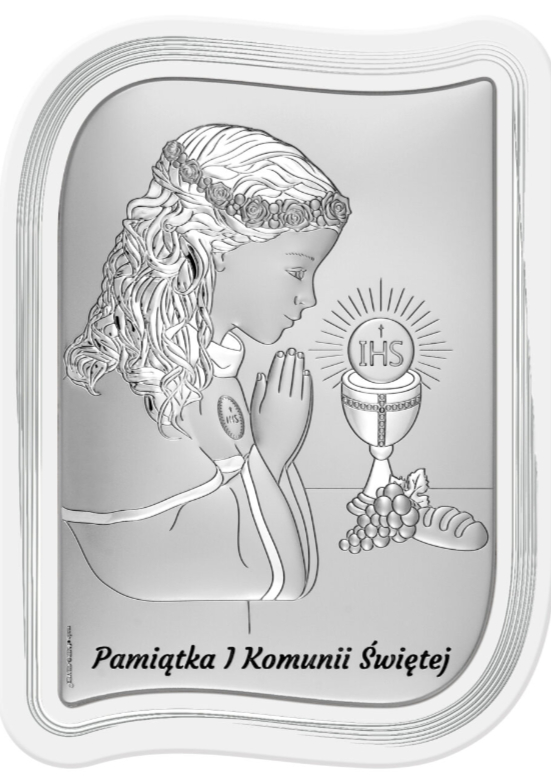 Obrazek srebrzony (10,5 x 14 cm) I Komunia Św.  biały panel  dziewczynka