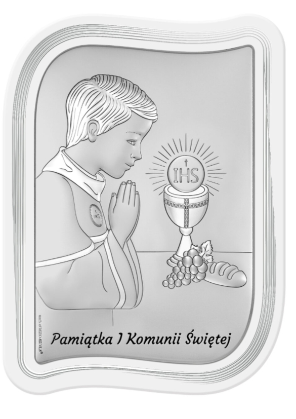 Obrazek srebrzony (10,5 x 14 cm) I Komunia Św.  biały panel  chłopiec