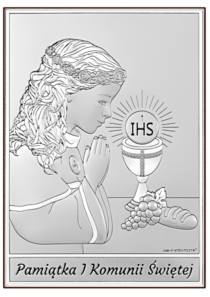 Obrazek srebrzony ( 9 x 13 cm) I Komunia Św.  dziewczynka