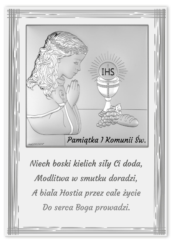 Obrazek srebrzony ( 10 x 15 cm) I Komunia Św. dziewczynka- napis modlitwa