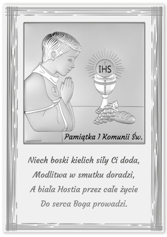 Obrazek srebrzony ( 10,5 x 15 cm) I Komunia Św. chłopiec- napis modlitwa