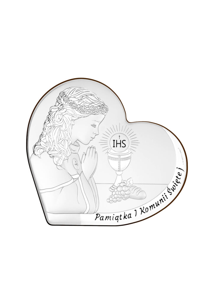 Obrazek srebrzony ( 8 x 7 cm ) I Komunia Św. dziewczynka  serce napis