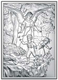 Obrazek srebrzony (9 x 13 cm) Anioł Stróż na skale nad bawiącymi się dziećmi