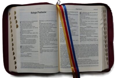 Pismo Święte ST i NT/Vocatio/zamek, skóra, paginatory, mahoniowa/Biblia Pierwszego Kościoła